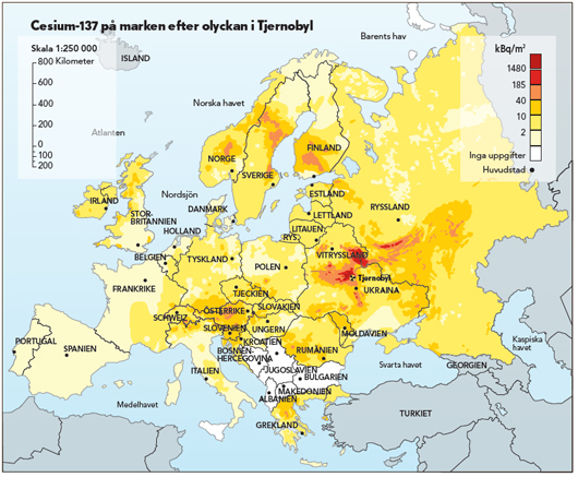 チェルノブイリ原発事故によるヨーロッパの汚染地図