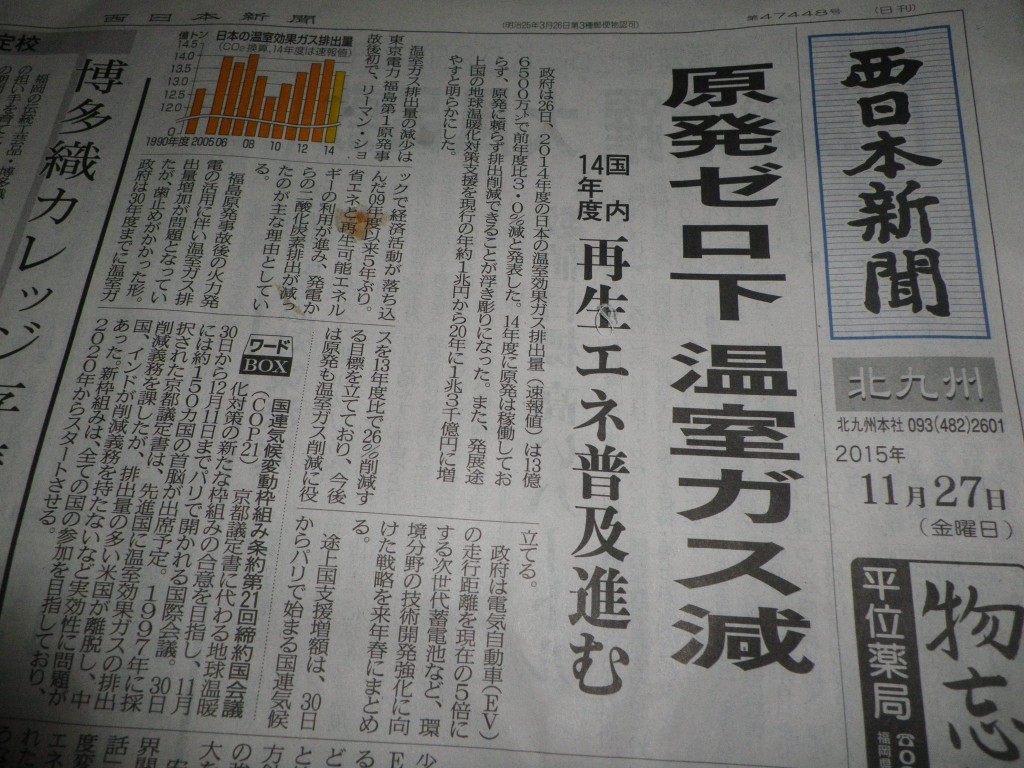 西日本新聞：原発ゼロ下 温室ガス減（2015年11月27日）